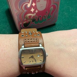 RARE Fossil Leather Stone Studded Watch